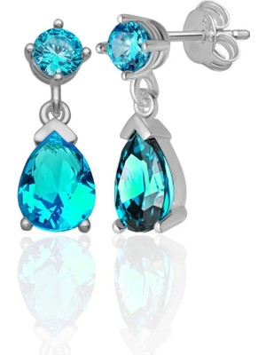 Azuris Silver 925 Ayar Gümüş 4 mm Aqua Rengi 6*8 Damla Aqua Taşlı Saplamalı Küpe
