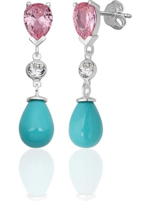 Azuris Silver 926 Ayar Gümüş Damla Zirkon Taş Damla Turkuaz Kabuk Inci Saplamalı Küpe