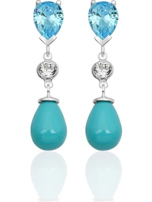 Azuris Silver 925 Ayar Gümüş Turkuaz Damla Kabuk Inci Damla Şekil Aqua Rengi Zirkon Taşlı Küpe