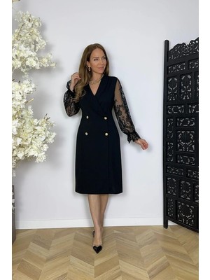 G1772 Dantel Kollu Ceket Elbise Siyah