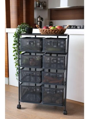 Braventa Collection 4 Katlı Tekerlekli Metal Sebzelik, Siyah, 8 Bölmeli, Çok Amaçlı Mutfak Düzenleyici,