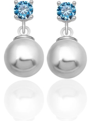 Azuris Silver 925 Ayar Gümüş 4 mm Mavi Zirkon Taş 8 mm Beyaz Kabuk Inci Saplamalı Küpe