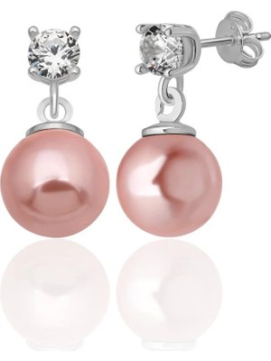Azuris Silver 925 Ayar Gümüş 4 mm Zirkon Taş 8 mm Pembe Kabuk Inci Saplamalı Küpe