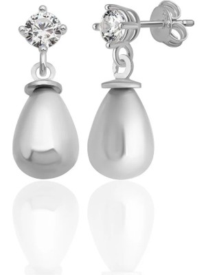 Azuris Silver 925 Ayar Gümüş 4 mm Beyaz Zirkon Taş Damla Beyaz Kabuk Inci Saplamalı Küpe