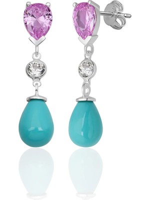 Azuris Silver 925 Ayar Gümüş Turkuaz Damla Kabuk Inci Damla Şekil Ametist Rengi Zirkon Taşlı Küpe