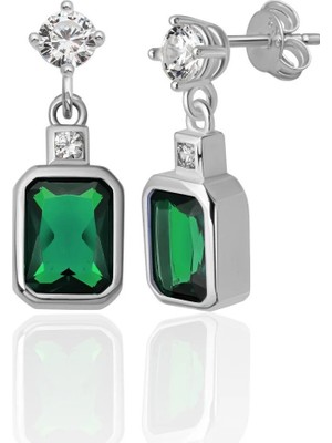 Azuris Silver 925 Ayar Gümüş Pırlanta Montur Beyaz ve Zümrüt Rengi Saplamalı Küpe