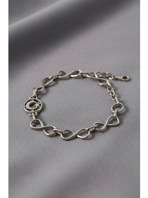 twingold Özel Tasarımlı Gümüş Kaplamalı Ay Yıldız Desenli Zincir Bileklik