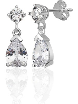 Azuris Silver 925 Ayar Gümüş 4 mm Beyaz Zirkon 6*8 Damla Beyaz Taşlı Saplamalı Küpe