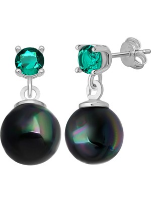 Azuris Silver 925 Ayar Gümüş Kabuk Inci 8 mm Mayorka Kusursuz Şekil 4 mm Zümrüt Rengi Zirkon Taşlı Saplamalı Küpe