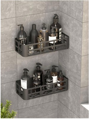 Braventa Collection 2'li Banyo Rafı Seti, Antrasit, Yapışkanlı Montaj, Dayanıklı Plastik, Şampuanlık ve Sabunluk, Duş Or