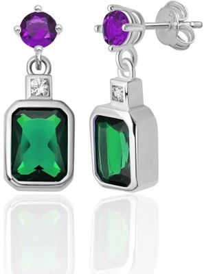 Azuris Silver 925 Ayar Gümüş Pırlanta Montur Mor ve Zümrüt Rengi Saplamalı Küpe