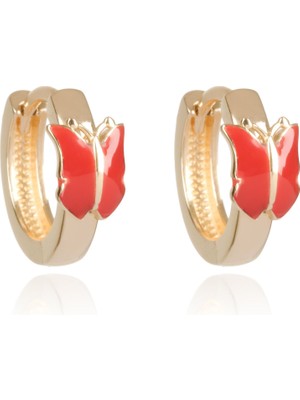 Berk Mücevherat 14 Ayar Altın Kelebek Figürlü Kırmızı Mineli Çocuk Küpe