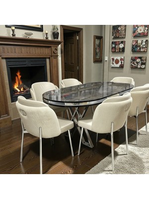 Msy Home 6 Kişilik Aura Krom Serisi Ironi Lake Oval Yemek Masası ve Puffy Krem Sandalye Takımı Modern