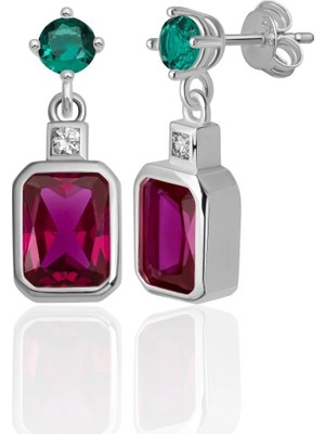 Azuris Silver 925 Ayar Gümüş Pırlanta Montur Zümrüt ve Yakut Rengi Saplamalı Küpe