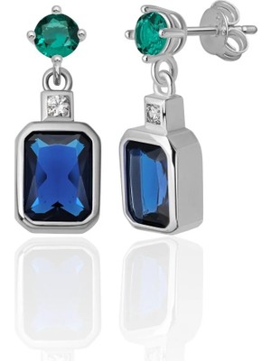 Azuris Silver 925 Ayar Gümüş Pırlanta Montur Zümrüt ve Safir Rengi Saplamalı Küpe