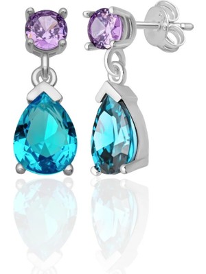 Azuris Silver 926 Ayar Gümüş 4 mm Amatist Rengi 6*8 Damla Aqua  Taşlı Saplamalı Küpe