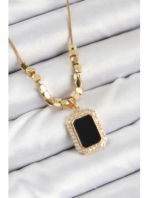 Ergün Collection 316L Çelik Zirkon Taşlı Siyah Baget Model Gold Renk Kadın Kolye