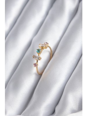 Ergün Collection Gold Renk Zirkon Taşlı Renkli Zirkon Taşlı Kadın Yüzük