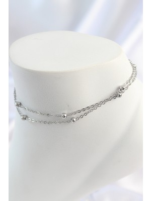 Ergün Collection 316L Çelik Gümüş Renk 2'li Topçuk Detay Zincir Model Kadın Halhal