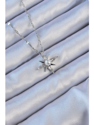 Ergün Collection 316L Çelik Zincir Gümüş Renk Baget Taşlı Inci Detay Kutup Yıldızı Kolye