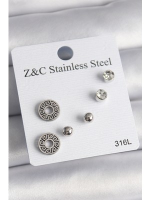 Ergün Collection 316L Çelik Gümüş Renk Zirkon Taşlı Labirent Model Kadın Küpe Seti