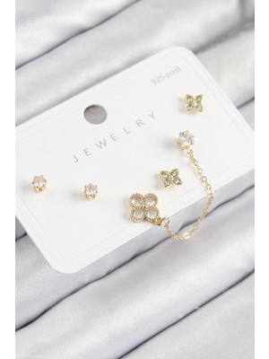 Ergün Collection Pirinç Zirkon Taşlı Yonca Model Gold Renk 925 Ayar Gümüş Çivi Kadın Küpe Set