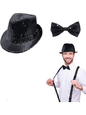 Braventa Collection Bulutretail Siyah Payetli Şapka ve Papyon Seti – Parıltılı Yetişkin Kostüm Seti