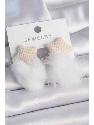 Ergün Collection Beyaz Renk Tüylü Yıldız Ponpon Model Kadın Küpe