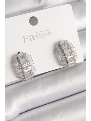 Ergün Collection Pirinç Gümüş Renk Zirkon Taşlı Kaplumbağa Kabuğu Model Kadın Küpe