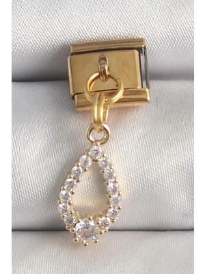 Ergün Collection 316L Çelik Gold Renk Sallantı Zirkon Taşlı Damla Model Nomination Charm