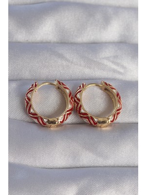 Ergün Collection Pirinç Gold Renk Kırmızı Etnik Desenli Halka Küpe