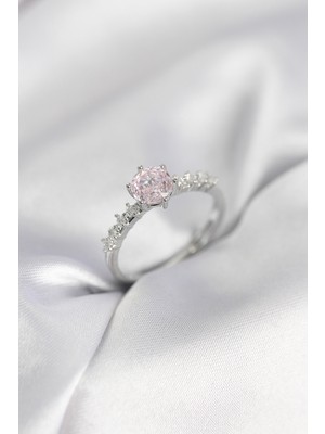 Ergün Collection Gümüş Renk Pembe Tek Taş Model Zirkon Taşlı Kadın Yüzük