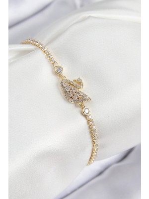 Ergün Collection Pirinç Zirkon Taşlı Kuğu Model Gold Renk Kadın Bileklik