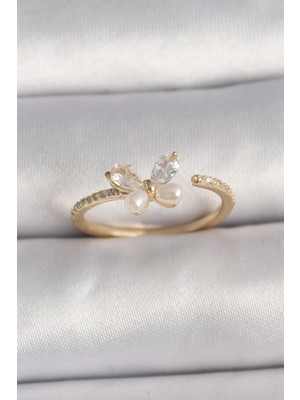 Ergün Collection Pirinç Gold Renk Zirkon Taşlı Kelebek Mode Inci Detay Ayarlanabilir Yüzük