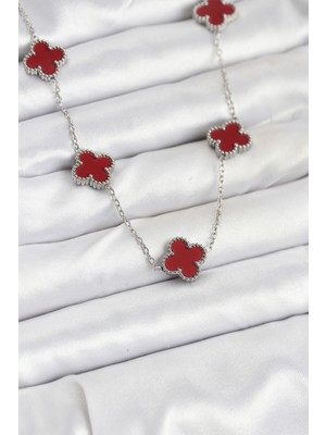 Ergün Collection 316L Çelik Zincir Gümüş Renk Bordo Renk Yonca Kadın Kolye