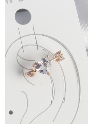 Ergün Collection Pirinç Gold Renk Zirkon Taşlı Kalp Ok Model Kadın Kıkırdak Küpe