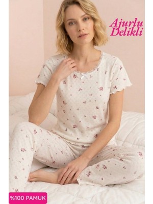 Seamlife Kadın Beyaz Bisiklet Yaka Düğmesiz Dantel Detaylı %100 Pamuk Ajurlu/delikli Kısa Kol Pijama Takımı