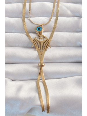 Ergün Collection 316L Çelik Gold Renk Zirkon Taşlı Göz Detay Nazarlı Uzun Asansör Model Kolye