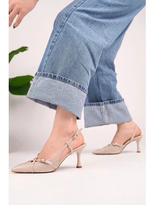 Homiro Kadın Sivri Burun Çapraz Bantlı Ince Topuklu Stiletto Ayakkabı - Bej