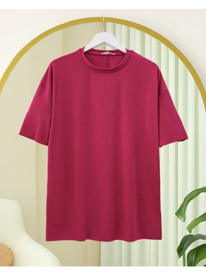 Modamorfo Bisiklet Yaka Fitilli Yırtmaçlı Tişort -Bordo