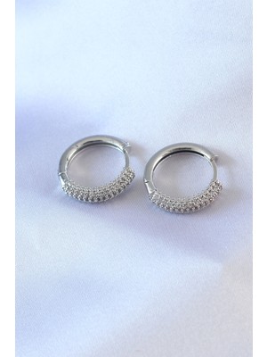 Ergün Collection Gümüş Renk Zirkon Taşlı Halka Model Pirinç Kadın Küpe