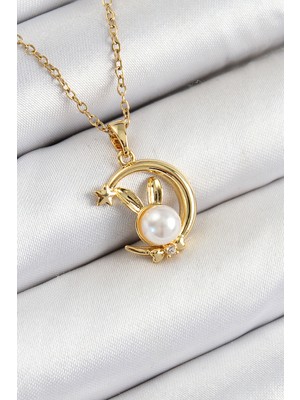 Ergün Collection 316L Çelik Inci Detaylı Hilal Tavşan Model Gold Renk Kadın Kolye