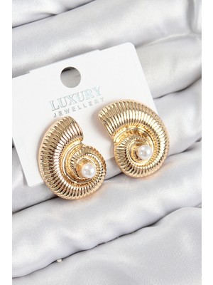 Ergün Collection Pirinç Inci Detaylı Girdap Model Gold Renk Kadın Küpe