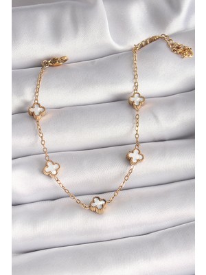 Ergün Collection 316L Çelik Gold Renk Beyaz Baby Boy Yonca Model Kadın Bileklik