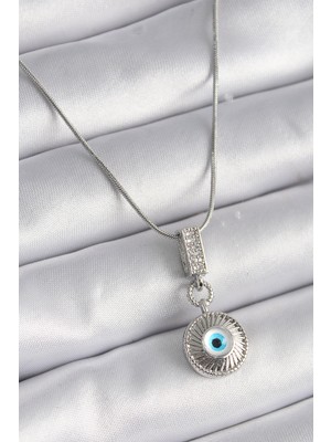 Ergün Collection 316L Çelik Gümüş Renk Zirkon Taşlı Nazar Boncuk Model Kadın Kolye