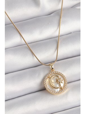 Ergün Collection 316L Çelik Gold Renk Zincir Zirkon Taş Detaylı Beyaz Sedefli Ay Yıldız Model Kadın Kolye