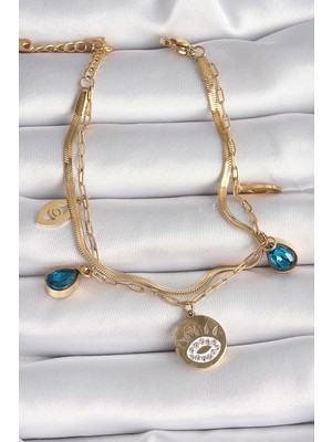 Ergün Collection 316L Çelik Gold Renk Zirkon Taşlı Göz Işleme Figür Kadın Bileklik