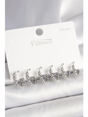 Ergün Collection 925 Ayar Gümüş Çivi Pirinç Gümüş Renk Sarmal Halka Model Kadın Küpe Seti