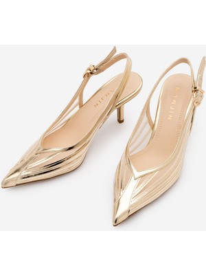 Marjin Kadın Stiletto Sivri Burun Şeritli Transparan Fileli Arkası Açık Atkılı Topuklu Ayakkabı Vimola Altın