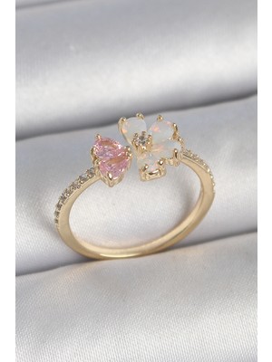 Ergün Collection Pirinç Gold Renk Beyaz Mineli Pembe Zirkon Taşlı Çiçek Model Kadın Yüzük